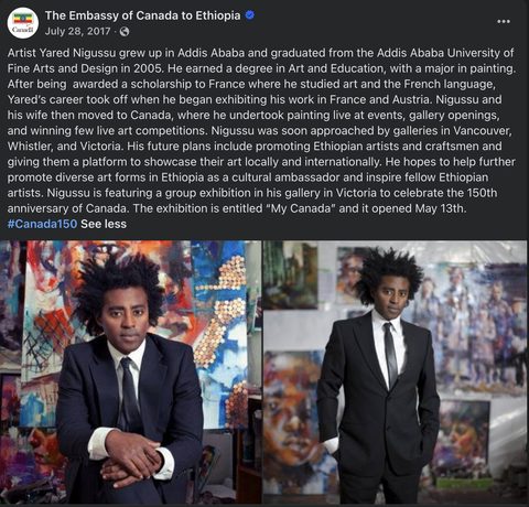 Facebook post from the Embassy of Canada to Ethiopia profiling artist Yared Nigussu, with two portraits of him among paintings in the studio