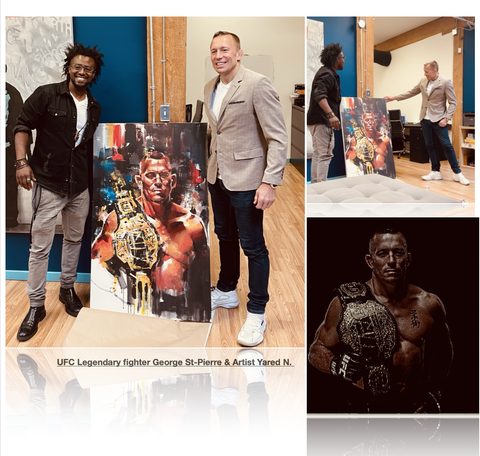 Georges St-Pierre receiving his portrait from Yared Nigussu
