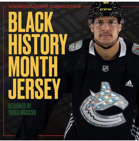 Canucks announcement graphic — Black History Month jersey designed by Yared Nigussu