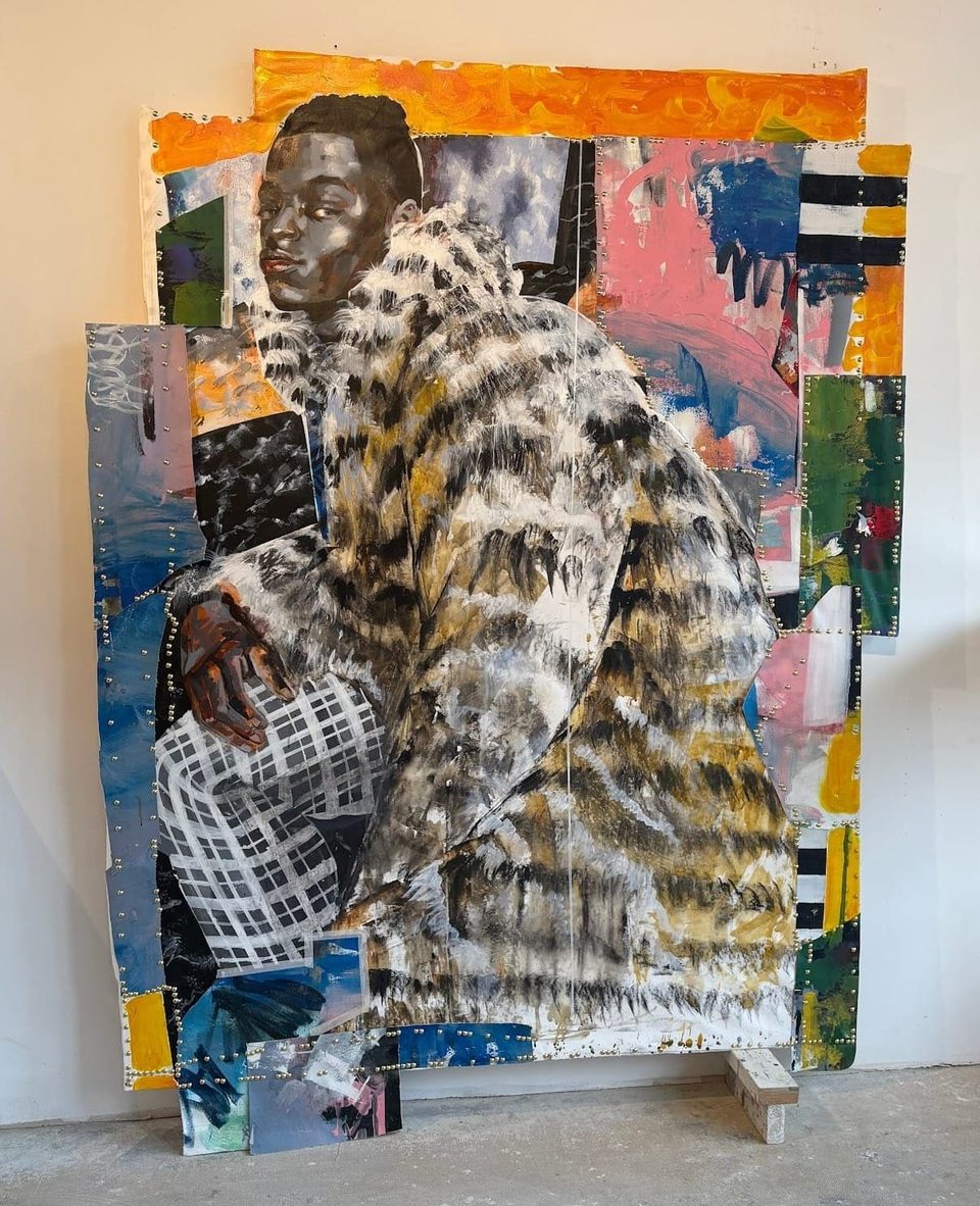 Standing figure in a patterned fur coat, across joined painted panels
