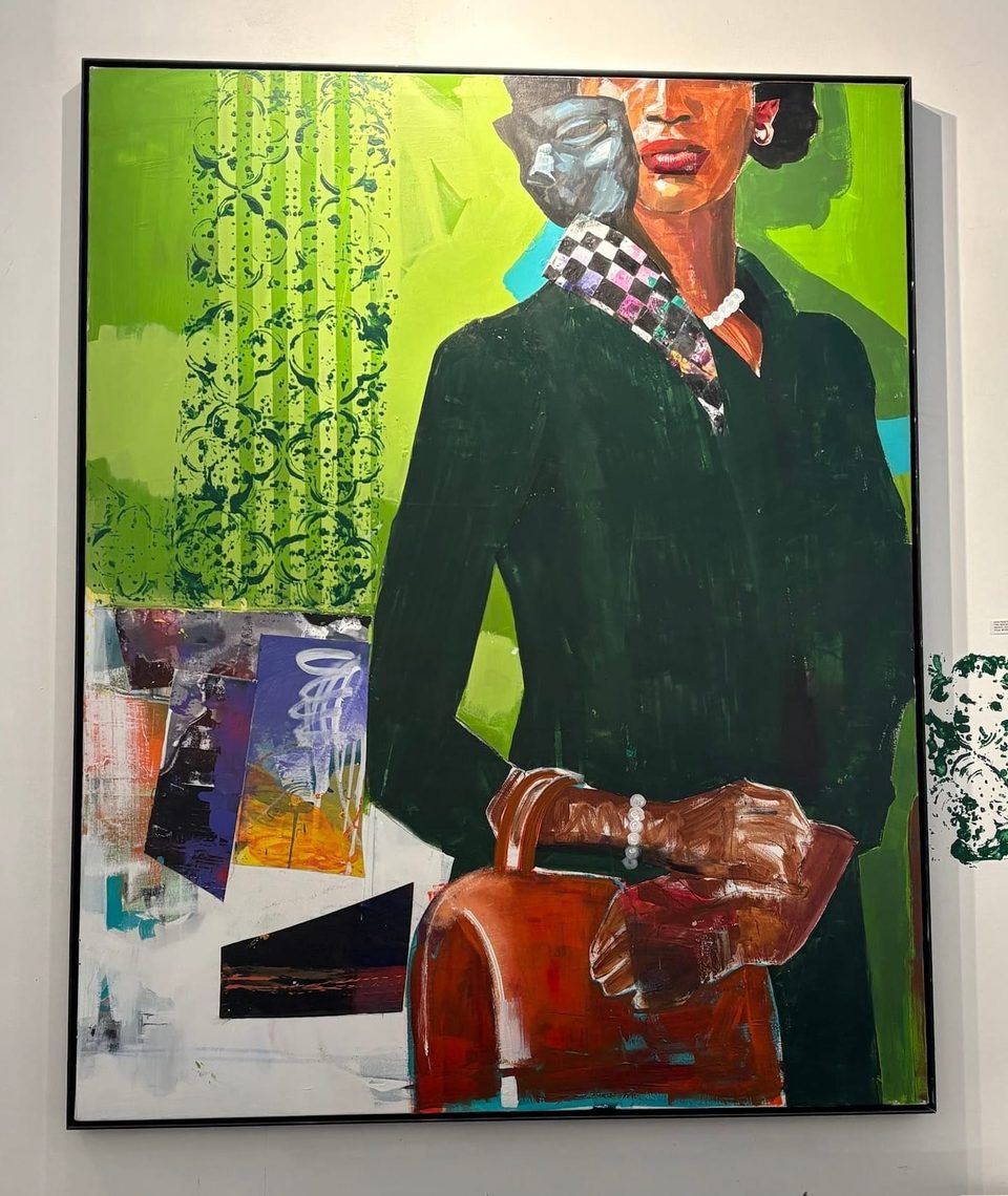 Portrait of a woman in dark green with a red handbag, against a green patterned ground