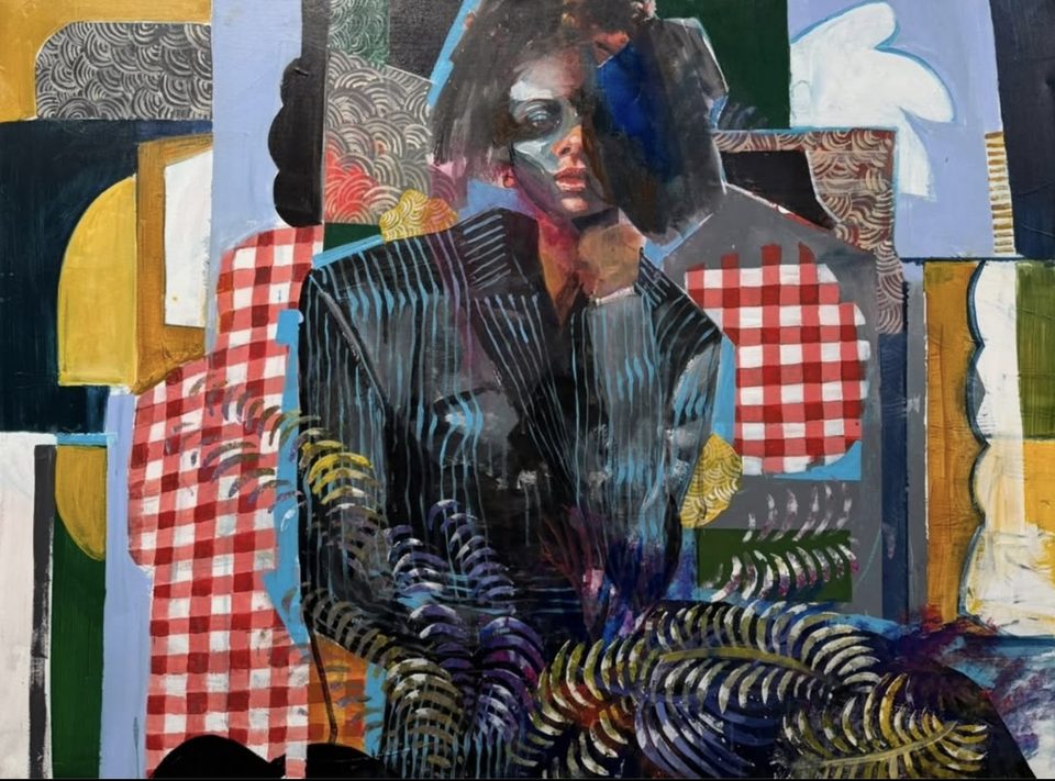 Seated figure in a striped coat amid painted checks and patterns