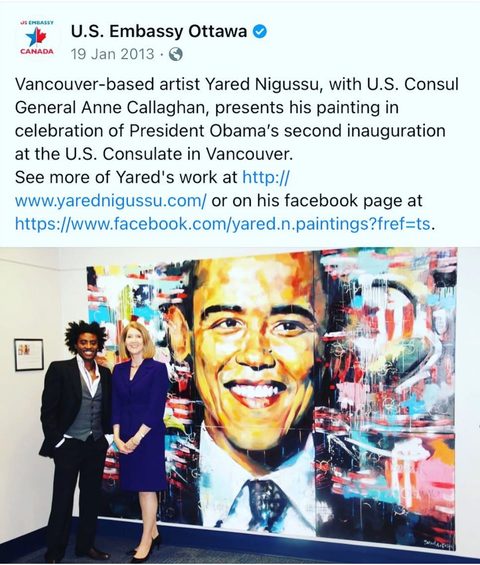 U.S. Embassy Ottawa post: Yared Nigussu with U.S. Consul General Anne Callaghan, presenting his Obama painting at the U.S. Consulate in Vancouver